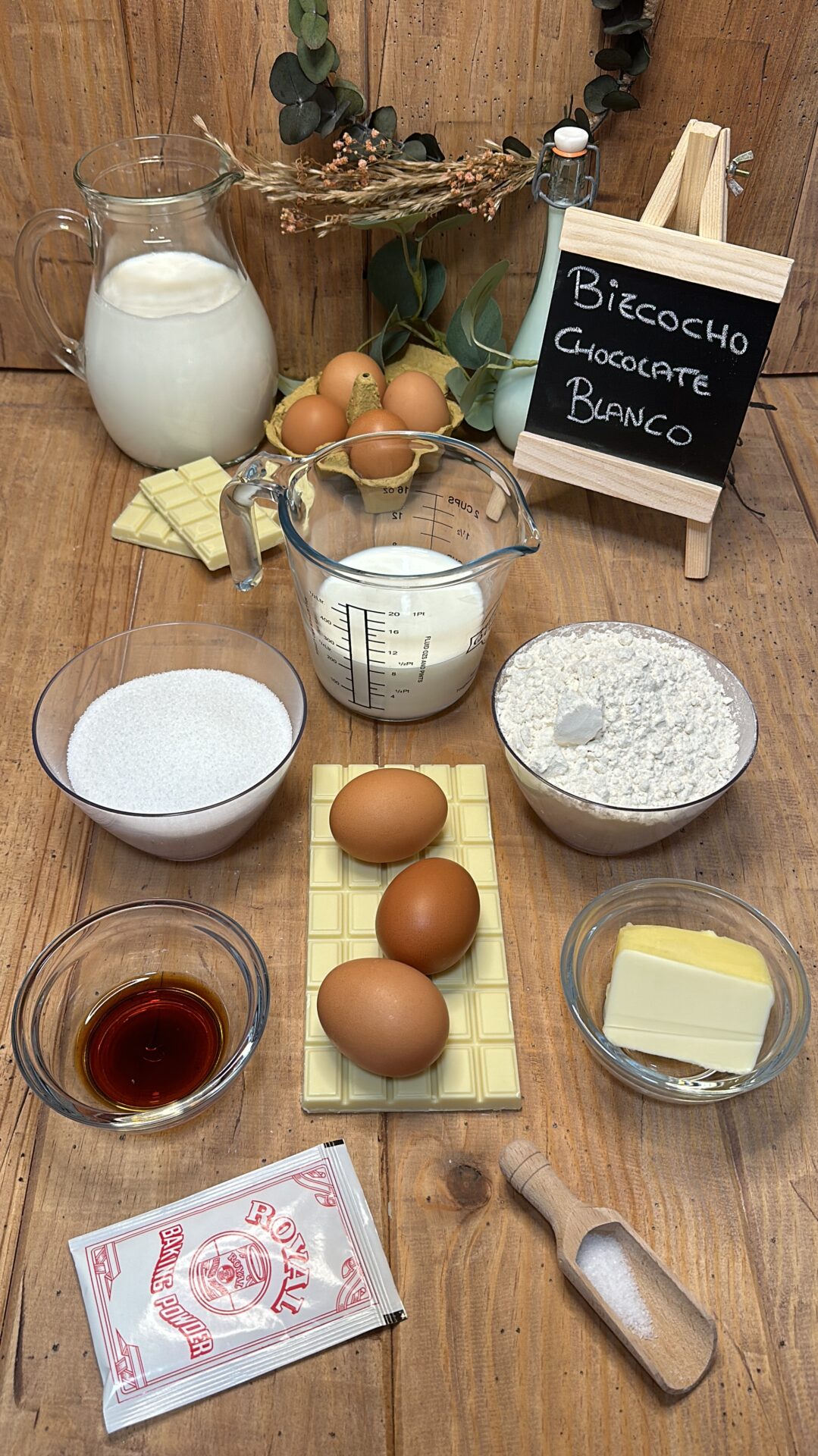 Ingredientes de nuestro bizcocho de chocolate blanco