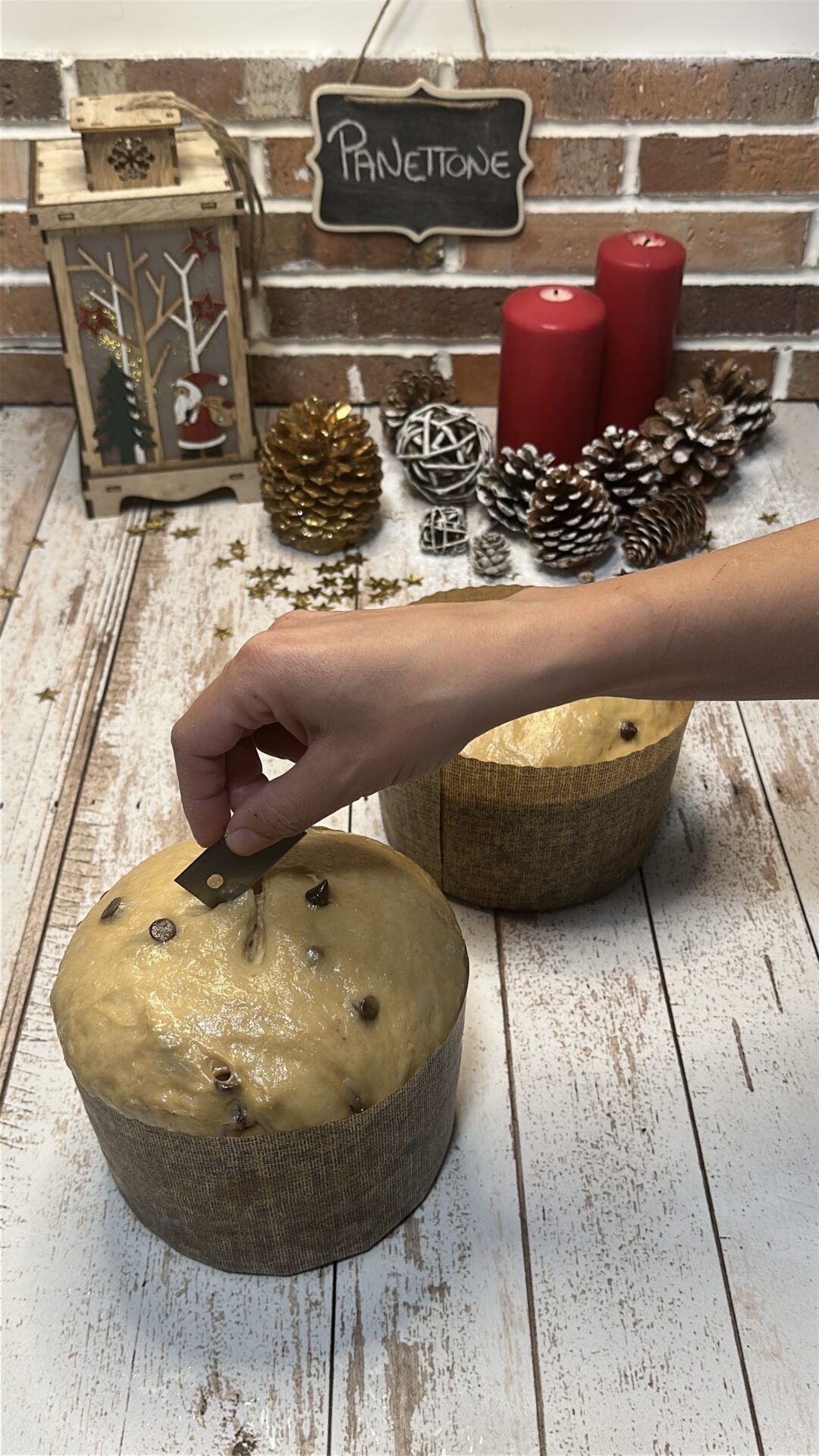 Hacemos una cruz con una cuchilla en la parte superior de cada panettone
