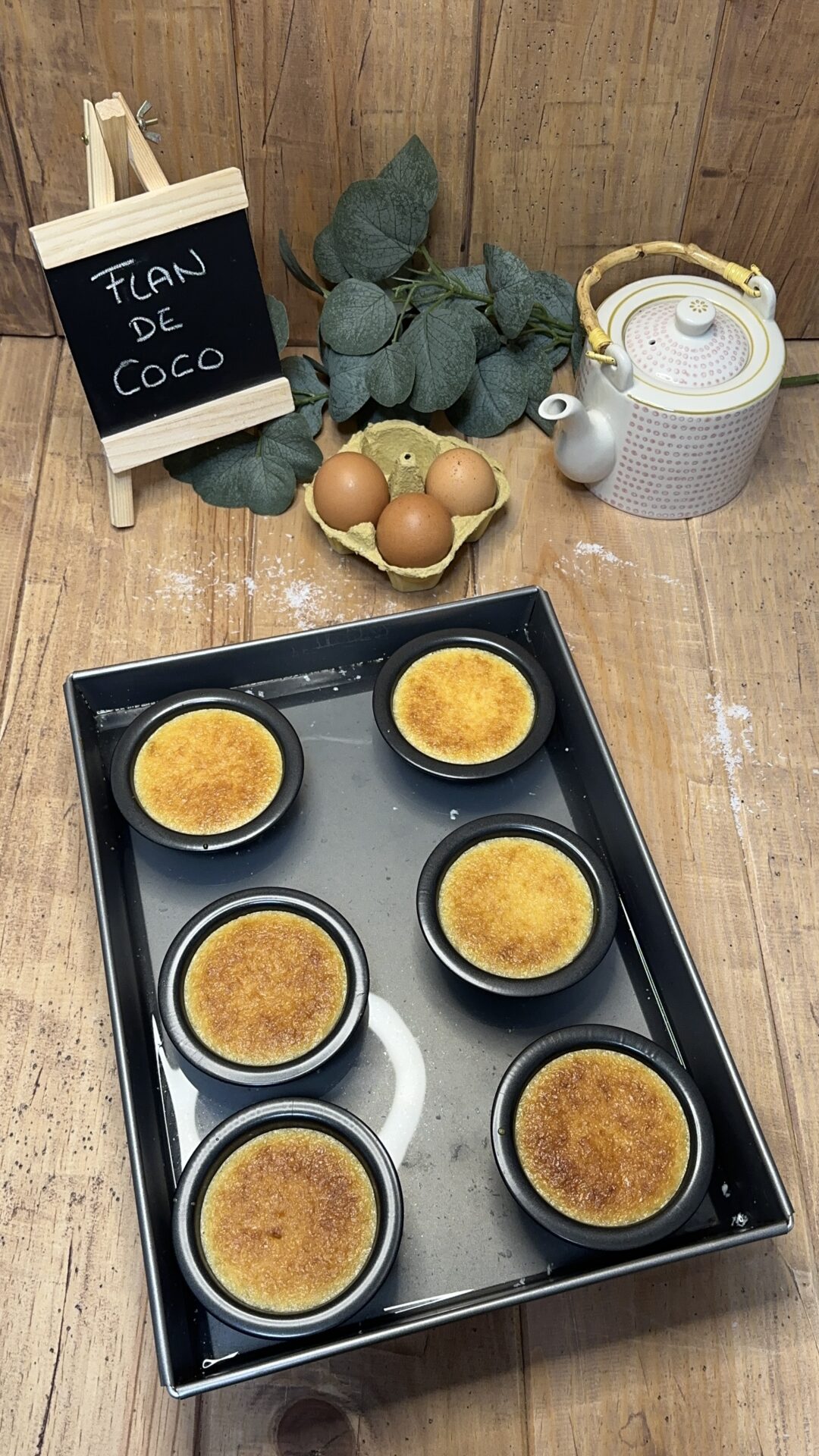 Nuestro flan de coco recién salido del horno