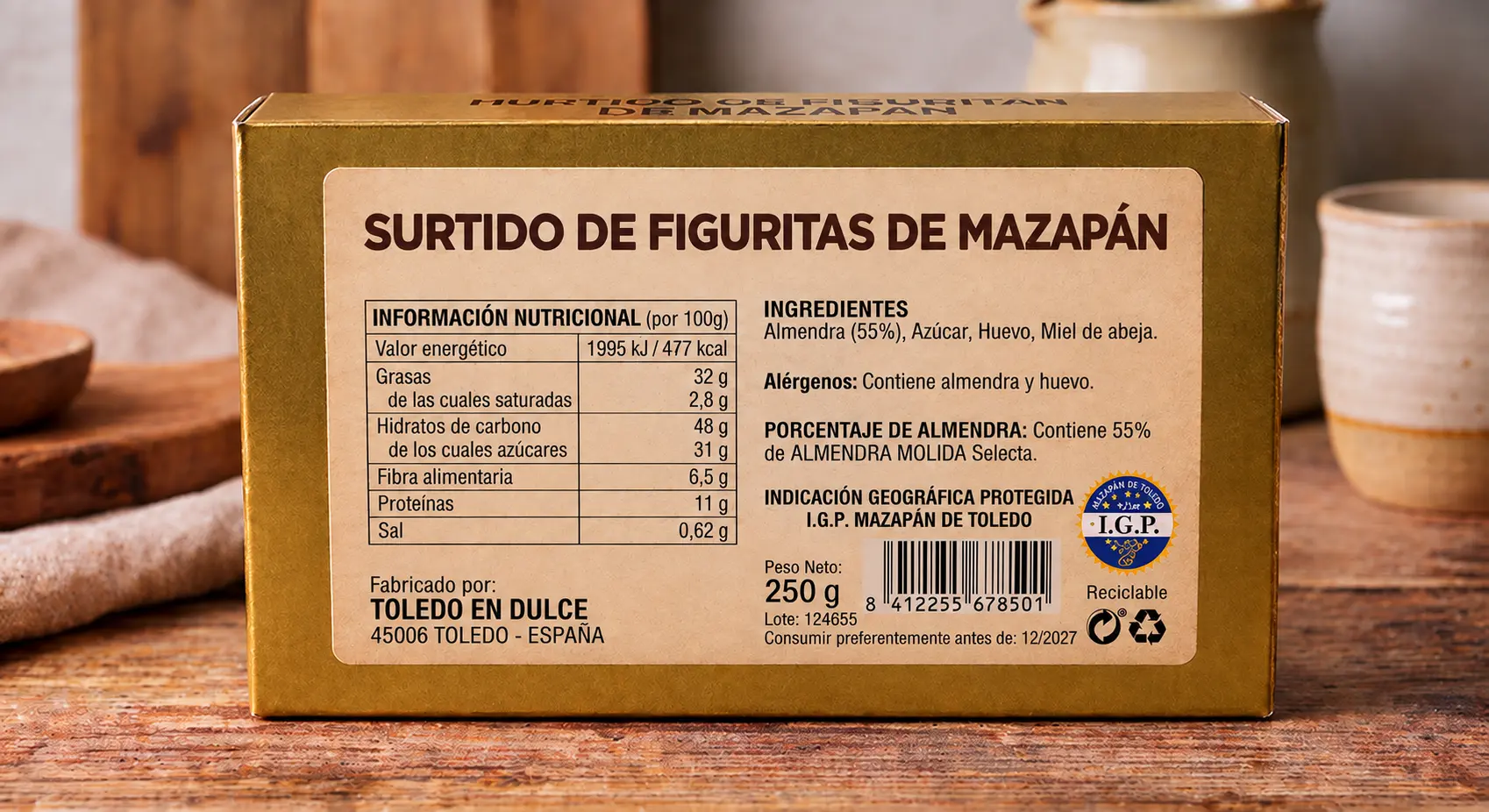 Ingredientes y etiquetado de un mazapán de Toledo