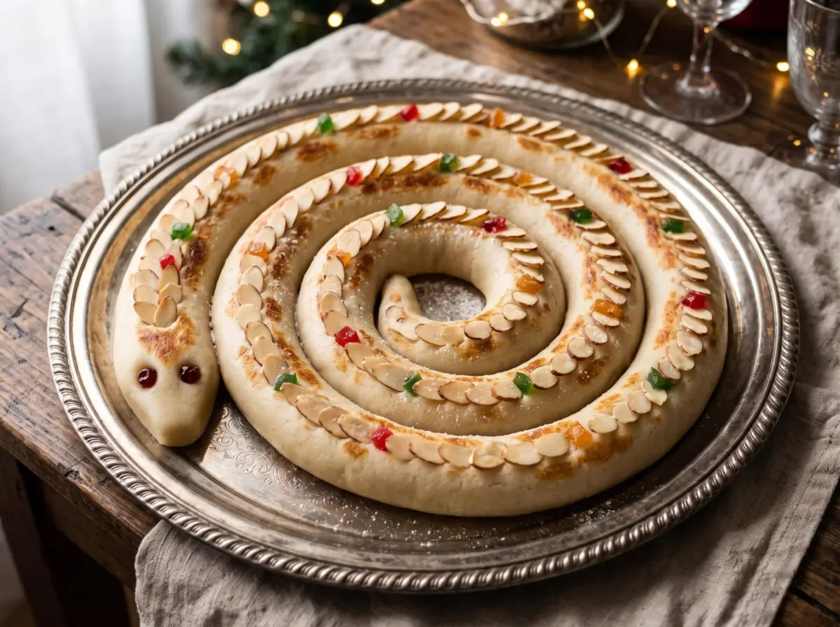 Anguila de mazapán de Toledo decorada con fruta confitada