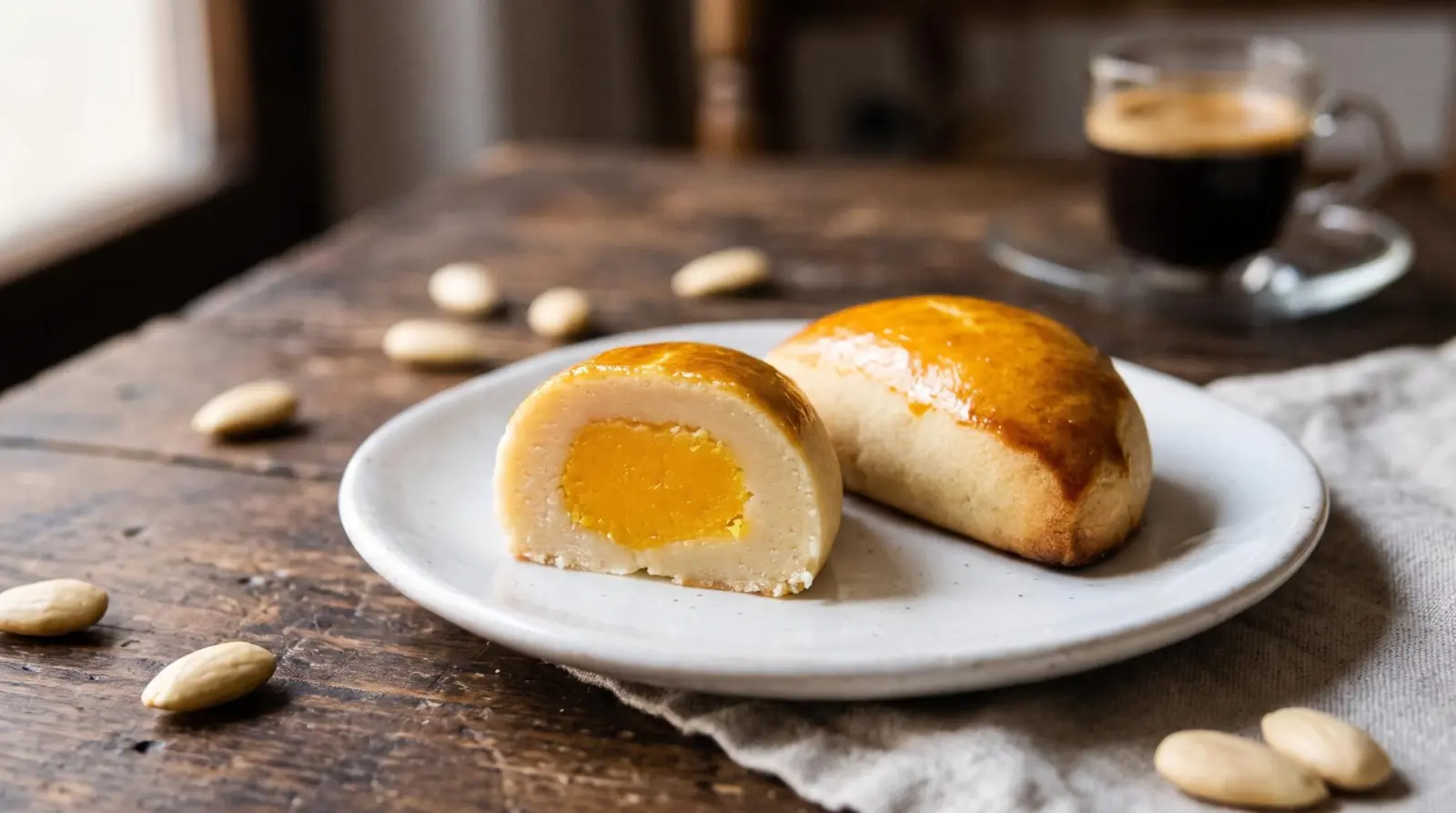 Delicia de mazapán partida por la mitad mostrando el relleno de yema