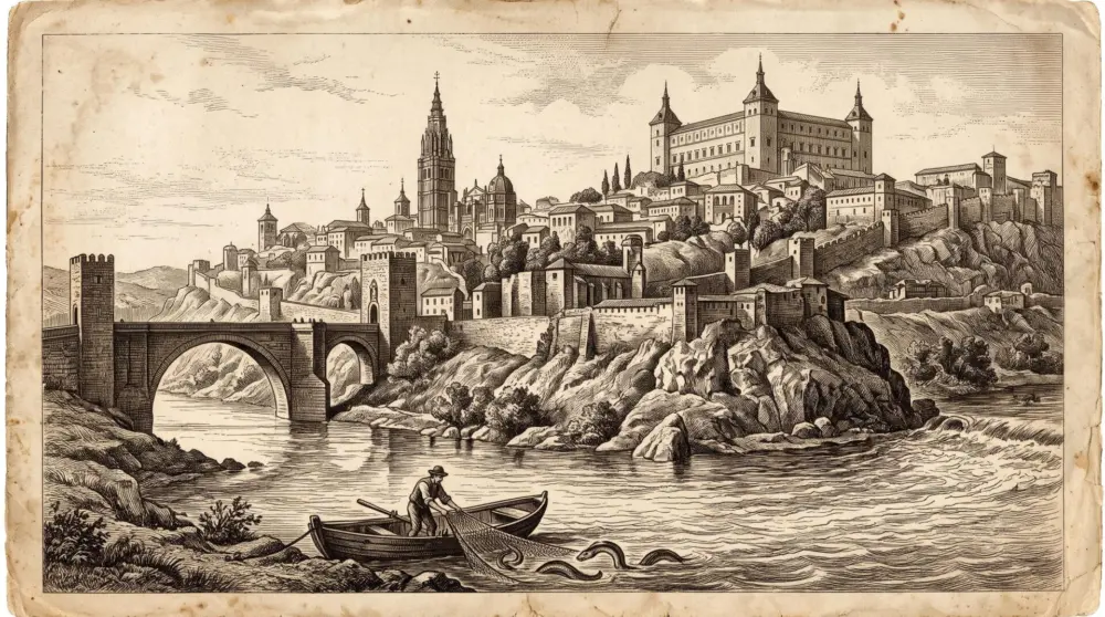 Ilustración del río Tajo a su paso por Toledo en el siglo XIX
