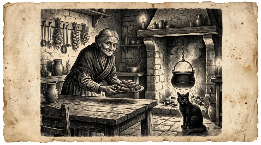 Recreación en grabado de una anciana ofreciendo huesos de santo junto a un gato negro y la chimenea